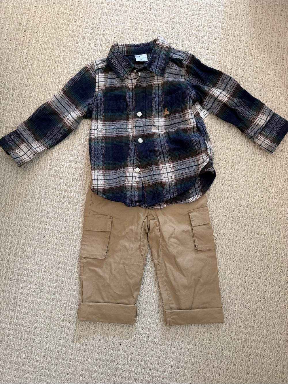 Gap Toddler Plaid Button-Up Flannel and Tan Cargo Pants